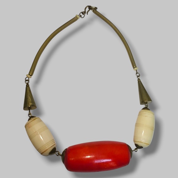 Estate Jewelry - Vintage Tribal Bead Necklace Red Center Carved Beads Brass Boho Ethnic 18"